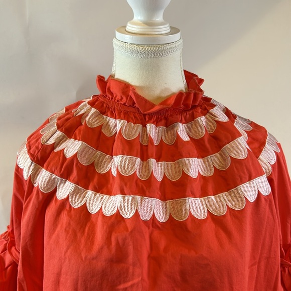 Cynthia Rowley | Coral Mock Neck Long Sleeve Ruffle Embroidered Dress | Small - Picture 5 of 14